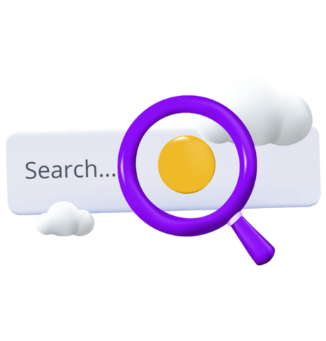 3D search bar with magnifying glass & clouds, representing SEO.