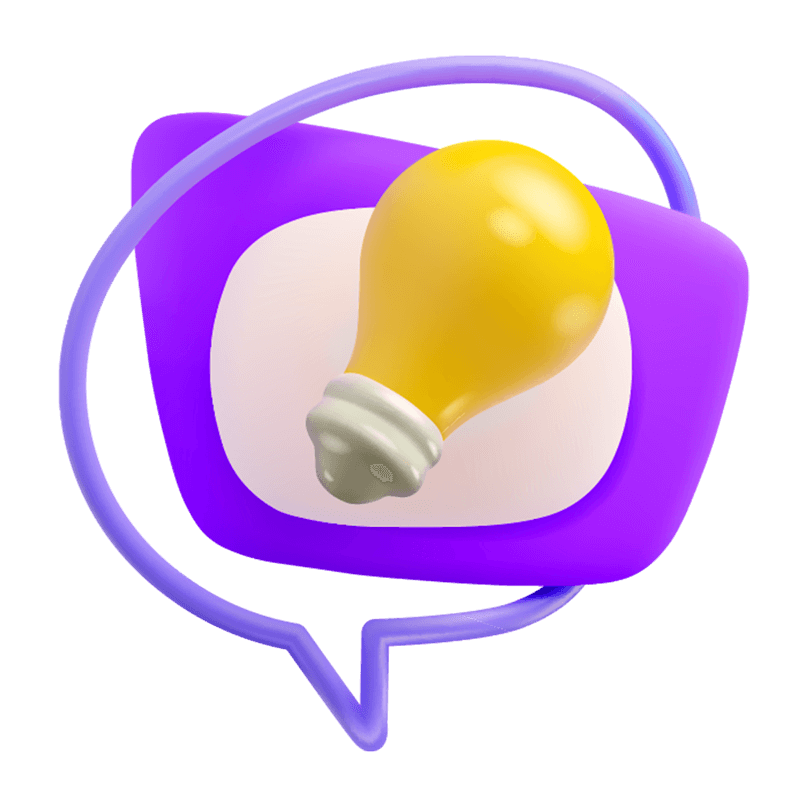 Yellow lightbulb from purple chat bubble, symbolizing creative design.