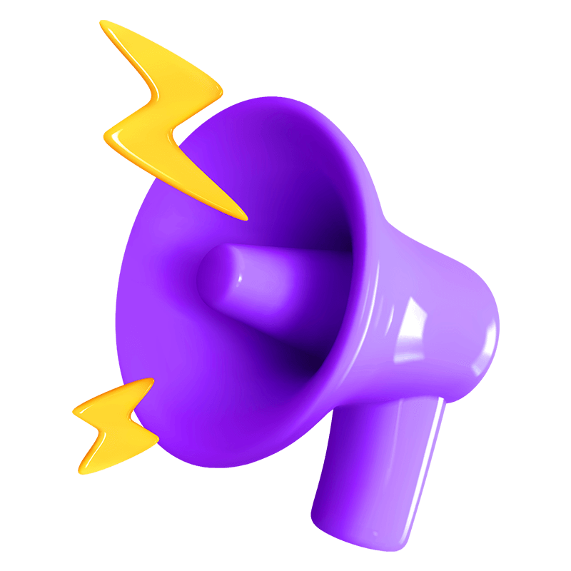 3D purple megaphone with yellow lightning bolts, symbolizing digital marketing.