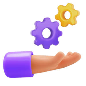 Marketing consultation: 3D hand with purple and yellow gears.