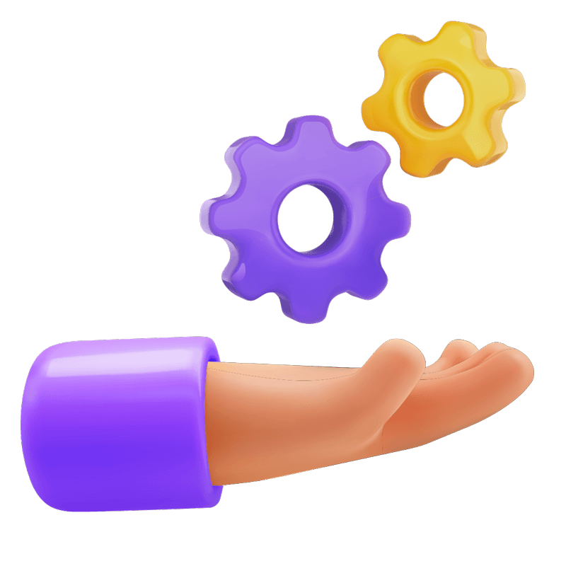 Marketing consultation: 3D hand with purple and yellow gears.