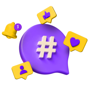 Purple speech bubble with hashtag, surrounded by social media icons.