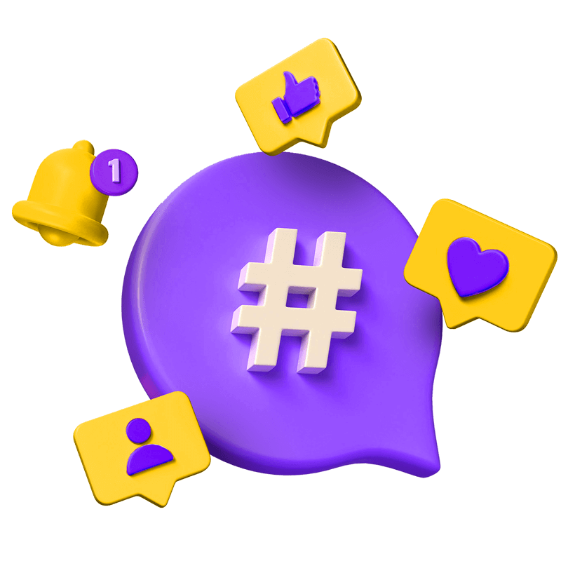 Purple speech bubble with hashtag, surrounded by social media icons.